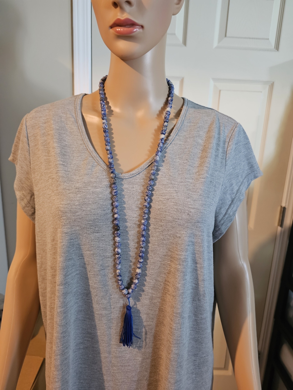 Long Blue Beaded Necklace with Tassel